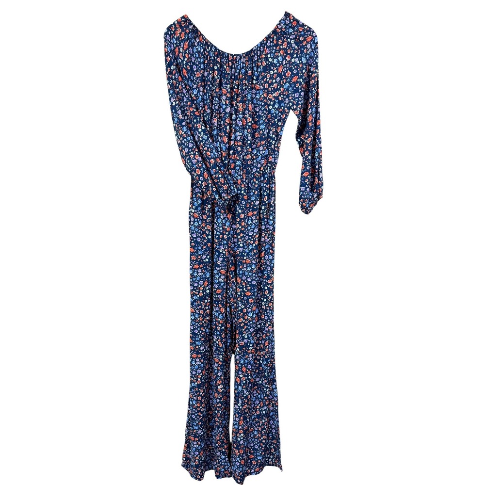 Velvet Torch Women's Floral Wide Leg Jumpsuit Long Sleeve Boho Romper‎ Blue SZ M